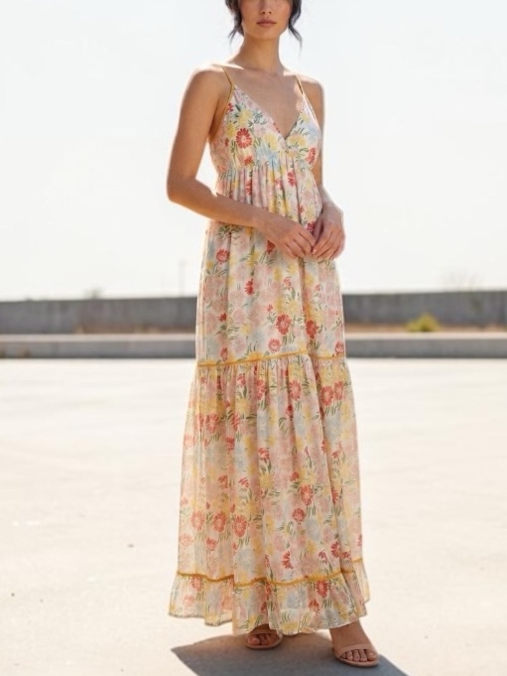 Ro's Garden Anthropologie Yellow Floral Maxi Sundress 100% Cotton Size Large